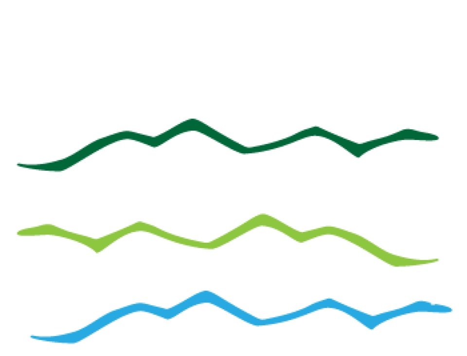 Logo "Naturally Yours to Enjoy! Enchanted Mountains" white lettering and color hills
